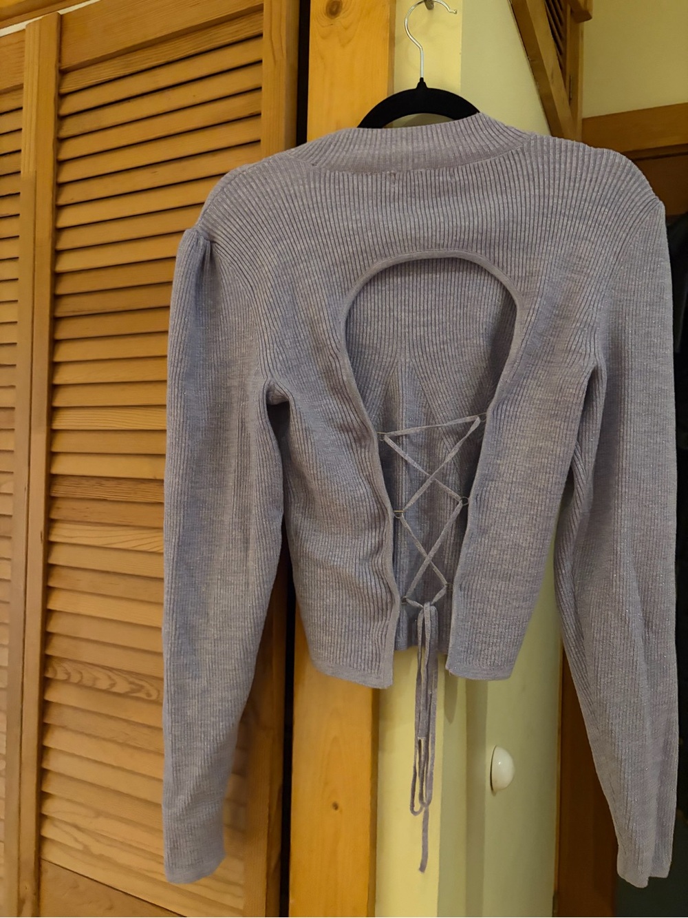 Anthropologie Shimmery Ribbed Crewneck Sweater lace up back in Light Lavender